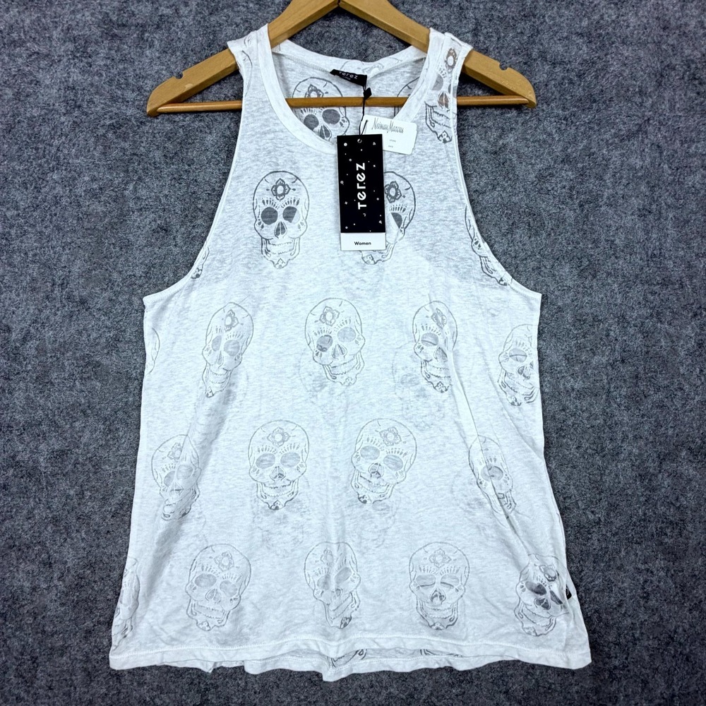 Terez Tank Top Womens Large White Grey Sheer Y2K Skull Streetwear Activewear